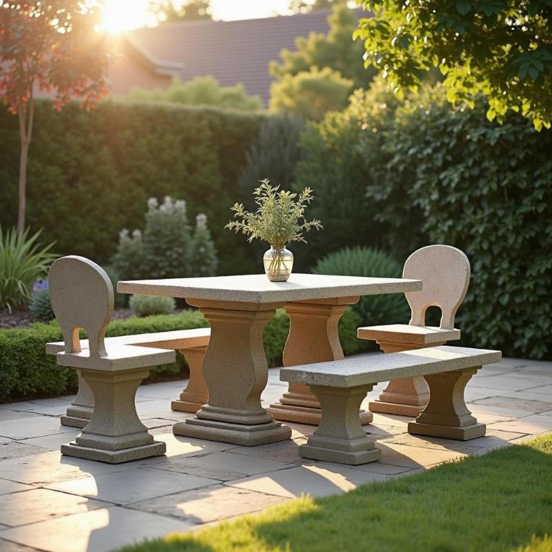 Mot bo ban ghe da san vuon dep dat trong khong gian ngoai troi, giup nguoi dung chon san pham phu hop nhu cau mua sam