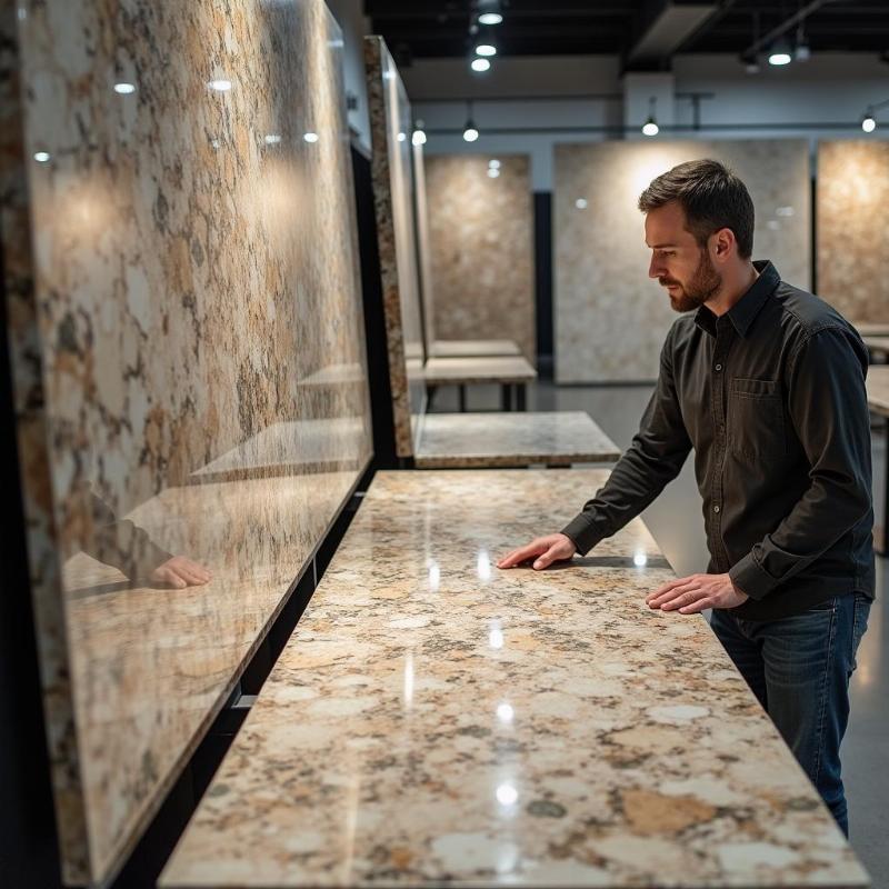 Khách hàng lựa chọn đá hoa cương tại showroom QTC.vn xem bảng giá 2025